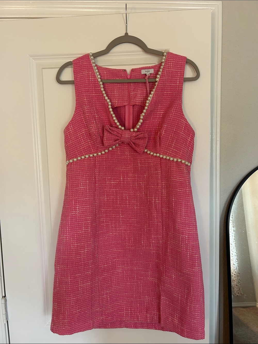 Hot Pink Pearl-Trim Bow Mini Dress